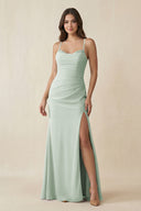 Sage Cami Strap Sheath Chiffon Bridesmaid Dress with Slit | KISSBRIDAL
