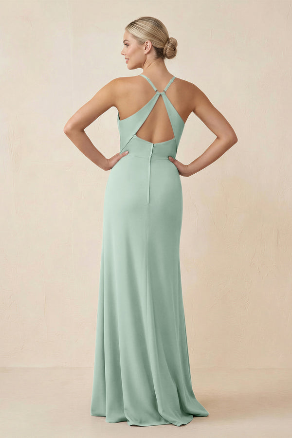 Sage Cami Strap Sheath Ruched Bridesmaid Dress With Slit (2) | KISSBRIDAL