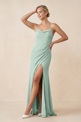 Sage Cami Strap Sheath Ruched Bridesmaid Dress With Slit | KISSBRIDAL