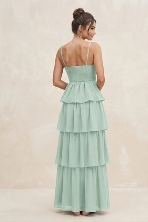Sage Cami Strap Tiered A-Line Chiffon Bridesmaid Dress (2) | KISSBRIDAL