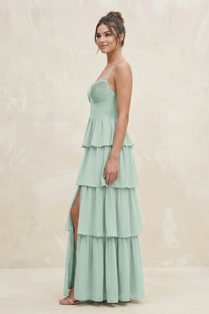 Sage Cami Strap Tiered A-Line Chiffon Bridesmaid Dress (3) | KISSBRIDAL