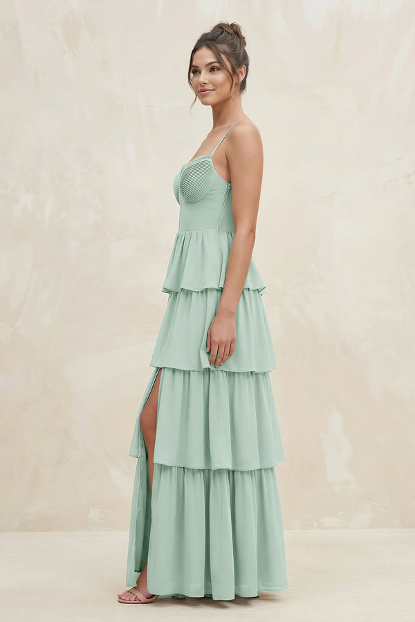 Sage Cami Strap Tiered A-Line Chiffon Bridesmaid Dress (3) | KISSBRIDAL