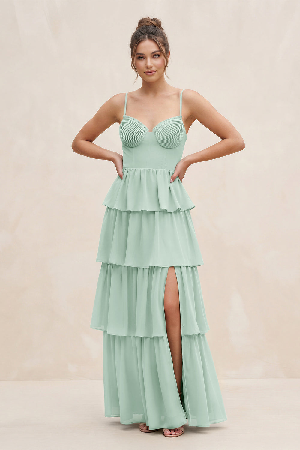 Cami Strap Tiered A-Line Chiffon Bridesmaid Dress in Sage