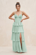 Sage Cami Strap Tiered A-Line Chiffon Bridesmaid Dress | KISSBRIDAL