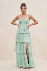 Sage Cami Strap Tiered A-Line Chiffon Bridesmaid Dress | KISSBRIDAL