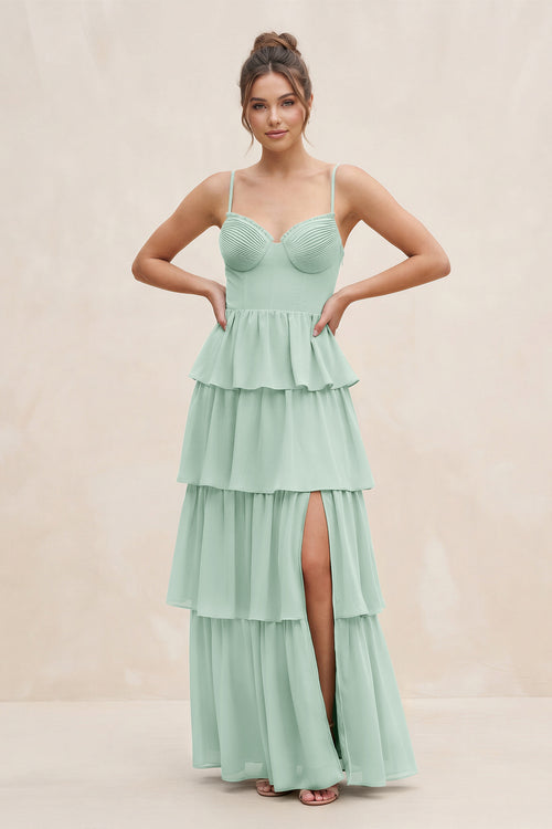 Sage Cami Strap Tiered A-Line Chiffon Bridesmaid Dress | KISSBRIDAL