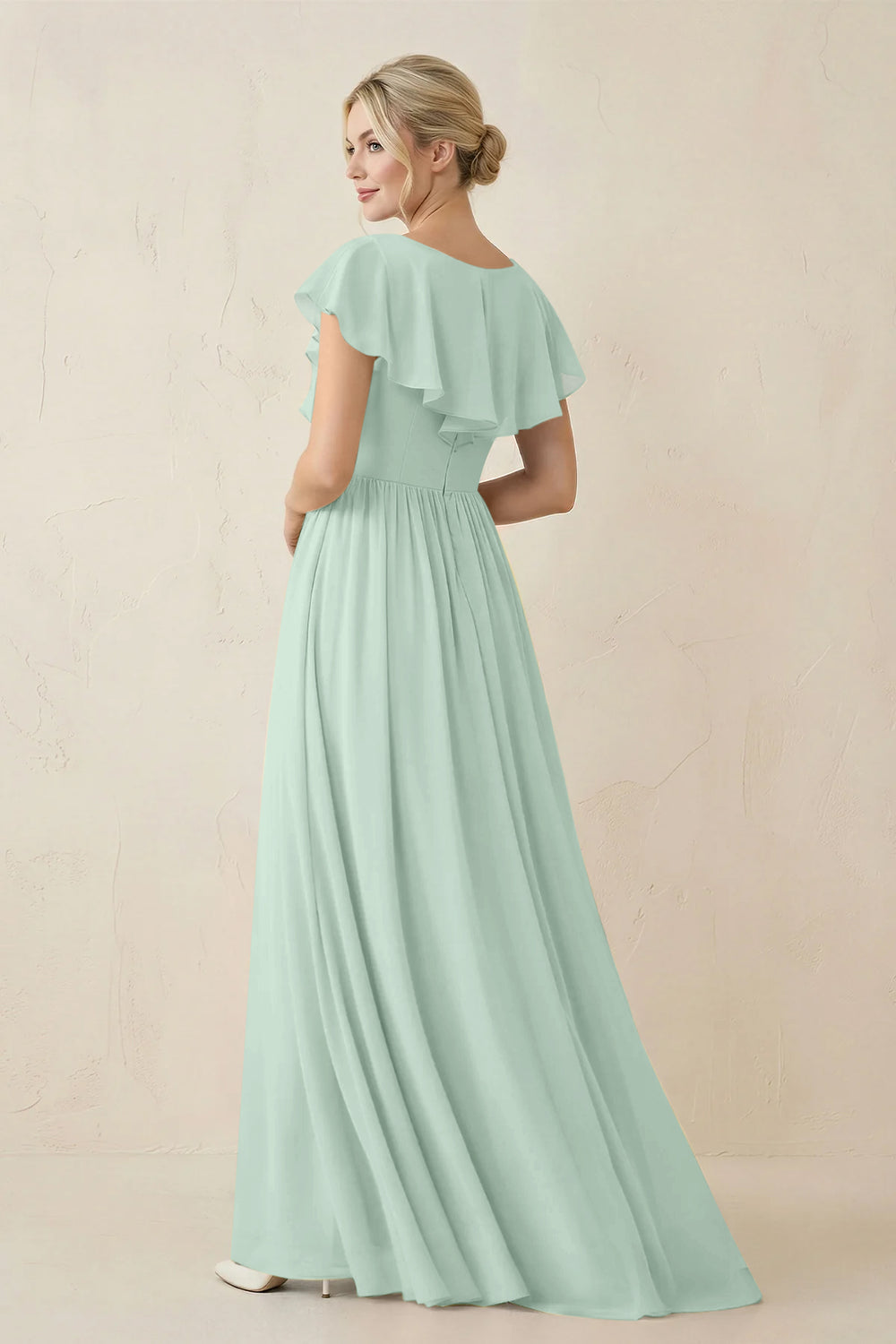 Cap Sleeve A-Line Ruffled Chiffon Bridesmaid Dress in Sage