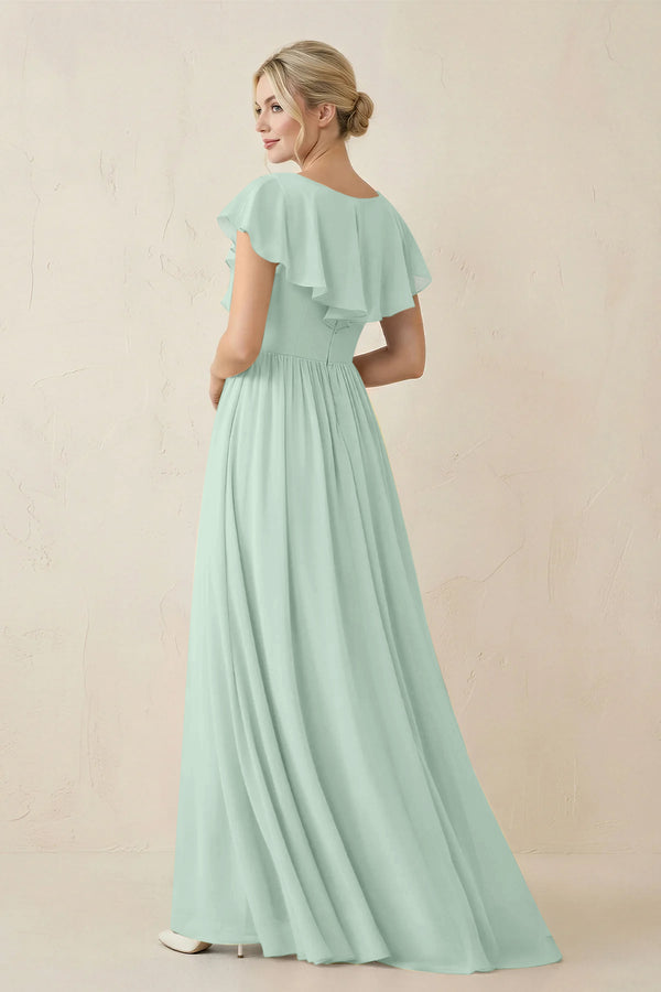 Sage Cap Sleeve A-Line Ruffled Chiffon Bridesmaid Dress (2) | KISSBRIDAL