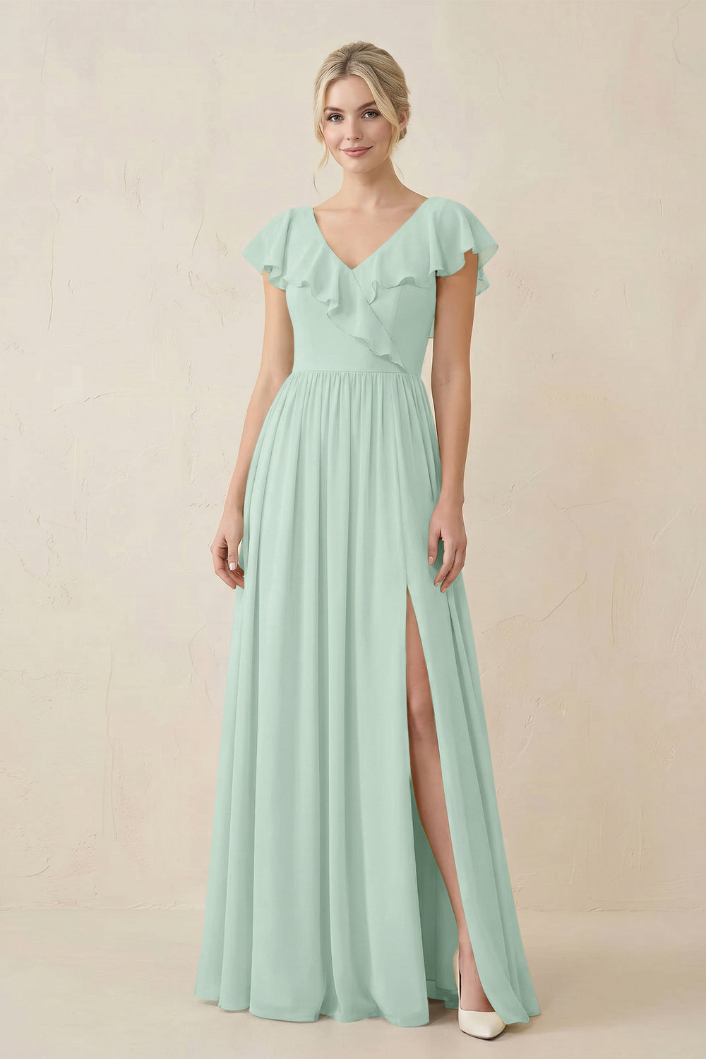 Cap Sleeve A-Line Ruffled Chiffon Bridesmaid Dress in Sage