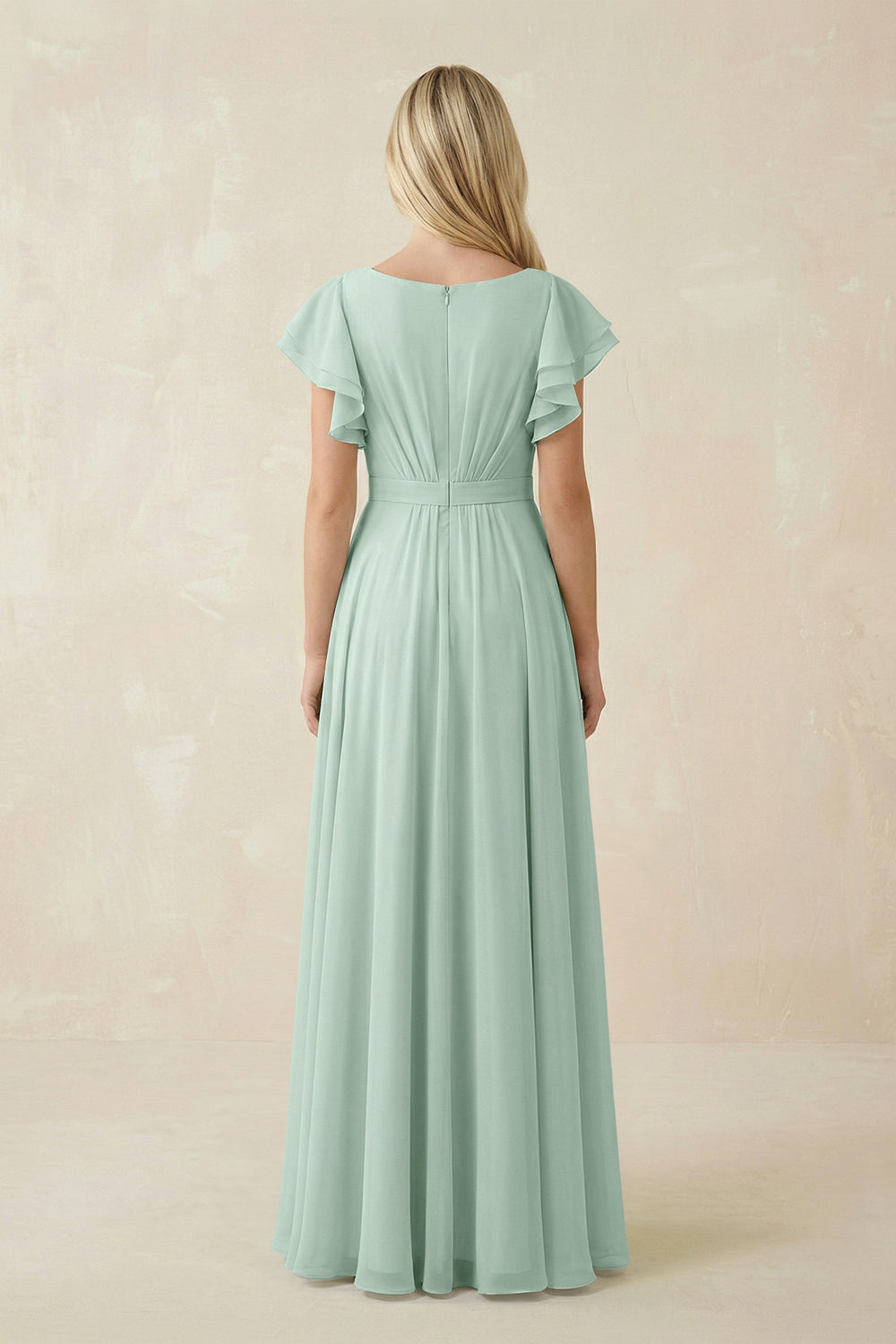 Cap Sleeve Ruffled A-Line Chiffon Bridesmaid Dress in Sage
