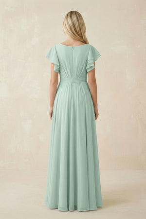 Sage Cap Sleeve Ruffled A-Line Chiffon Bridesmaid Dress (2) | KISSBRIDAL