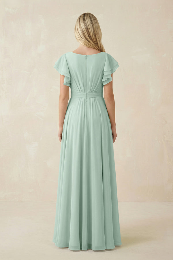 Sage Cap Sleeve Ruffled A-Line Chiffon Bridesmaid Dress (2) | KISSBRIDAL