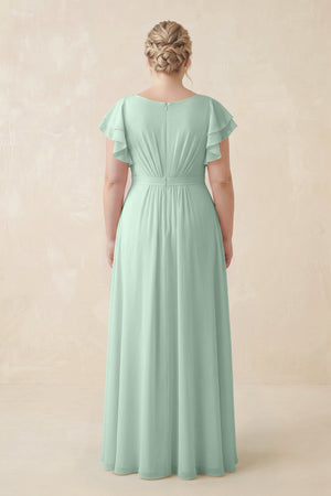 Sage Cap Sleeve Ruffled A-Line Chiffon Bridesmaid Dress (2) | KISSBRIDAL