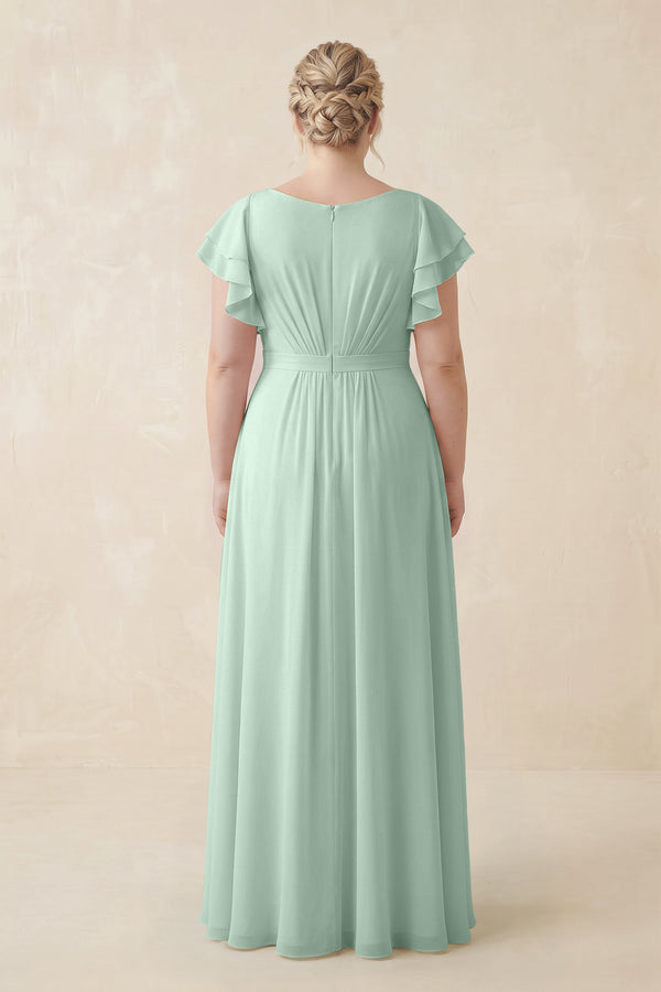 Sage Cap Sleeve Ruffled A-Line Chiffon Bridesmaid Dress (2) | KISSBRIDAL