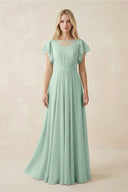 Sage Cap Sleeve Ruffled A-Line Chiffon Bridesmaid Dress | KISSBRIDAL