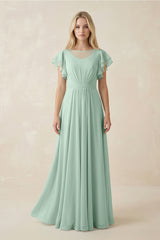 Sage Cap Sleeve Ruffled A-Line Chiffon Bridesmaid Dress | KISSBRIDAL