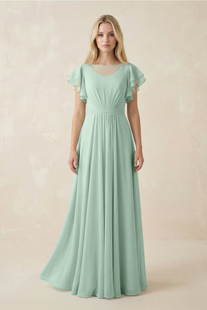 Sage Cap Sleeve Ruffled A-Line Chiffon Bridesmaid Dress | KISSBRIDAL