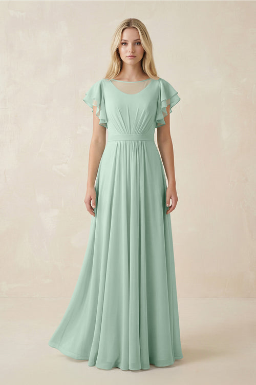 Sage Cap Sleeve Ruffled A-Line Chiffon Bridesmaid Dress | KISSBRIDAL