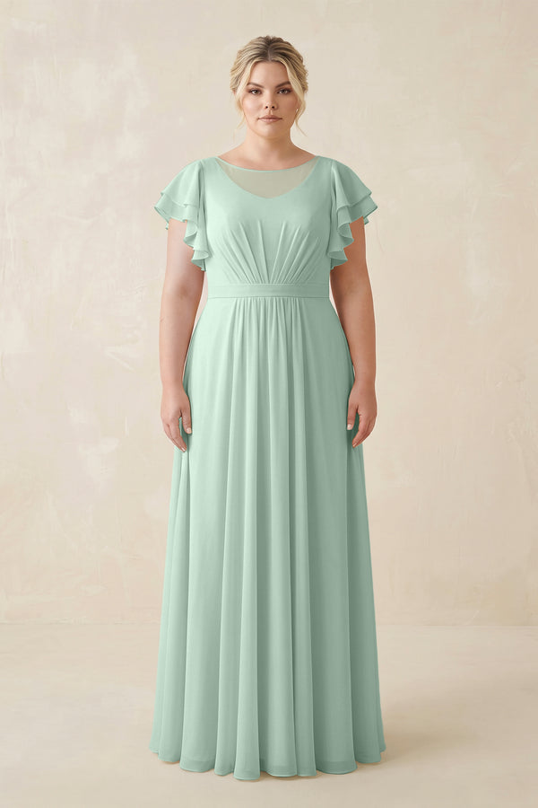 Sage Cap Sleeve Ruffled A-Line Chiffon Bridesmaid Dress | KISSBRIDAL