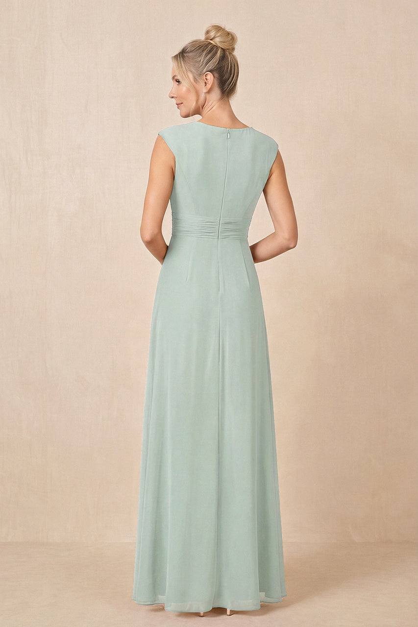 Sage Cap Sleeves A-Line Chiffon Pleated Ruffled Mother of the Bride Dress