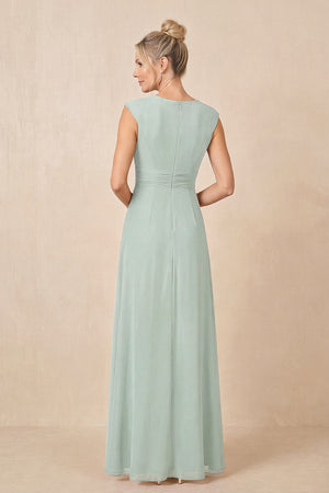Sage Cap Sleeves A-Line Chiffon Pleated Ruffled Mother of the Bride Dress (2) | KISSBRIDAL