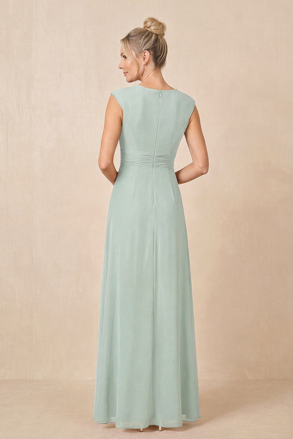 Sage Cap Sleeves A-Line Chiffon Pleated Ruffled Mother of the Bride Dress (2) | KISSBRIDAL