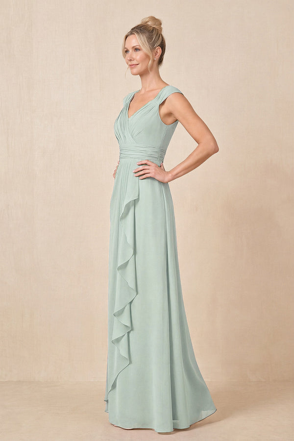 Sage Cap Sleeves A-Line Chiffon Pleated Ruffled Mother of the Bride Dress (3) | KISSBRIDAL