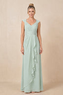 Sage Cap Sleeves A-Line Chiffon Pleated Ruffled Mother of the Bride Dress | KISSBRIDAL
