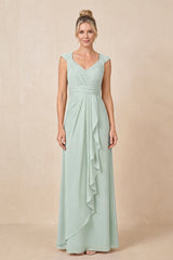 Sage Cap Sleeves A-Line Chiffon Pleated Ruffled Mother of the Bride Dress | KISSBRIDAL