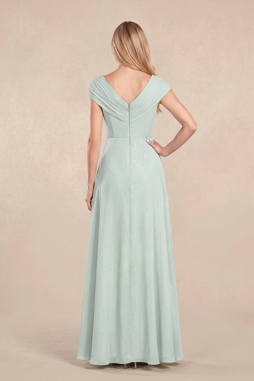 Sage Cap Sleeves Chiffon A-Line Lace V-Neck Mother of the Bride Dress