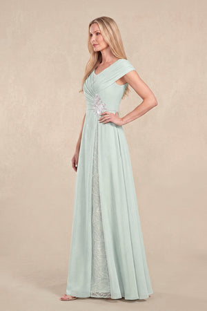 Sage Cap Sleeves Chiffon A-Line Lace V-Neck Mother of the Bride Dress (3) | KISSBRIDAL