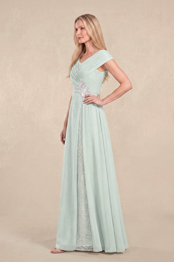 Sage Cap Sleeves Chiffon A-Line Lace V-Neck Mother of the Bride Dress (3) | KISSBRIDAL