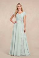 Sage Cap Sleeves Chiffon A-Line Lace V-Neck Mother of the Bride Dress | KISSBRIDAL
