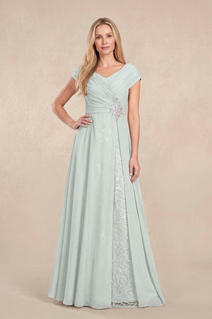Sage Cap Sleeves Chiffon A-Line Lace V-Neck Mother of the Bride Dress | KISSBRIDAL