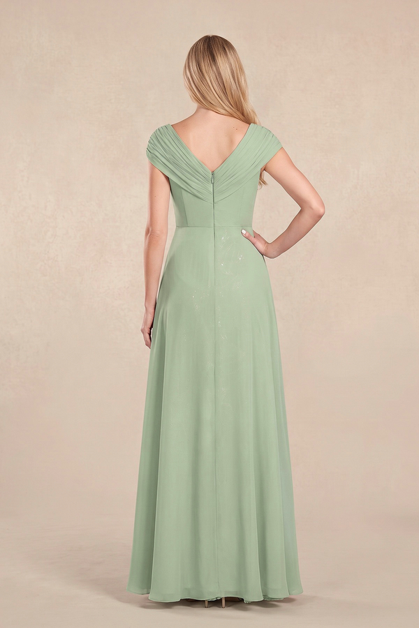 Sage Cap Sleeves Tulle A-Line Lace V-Neck Mother of the Bride Dress (2) | KISSBRIDAL