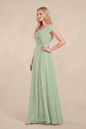 Sage Cap Sleeves Tulle A-Line Lace V-Neck Mother of the Bride Dress (3) | KISSBRIDAL
