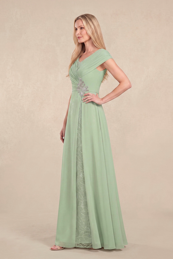 Sage Cap Sleeves Tulle A-Line Lace V-Neck Mother of the Bride Dress (3) | KISSBRIDAL