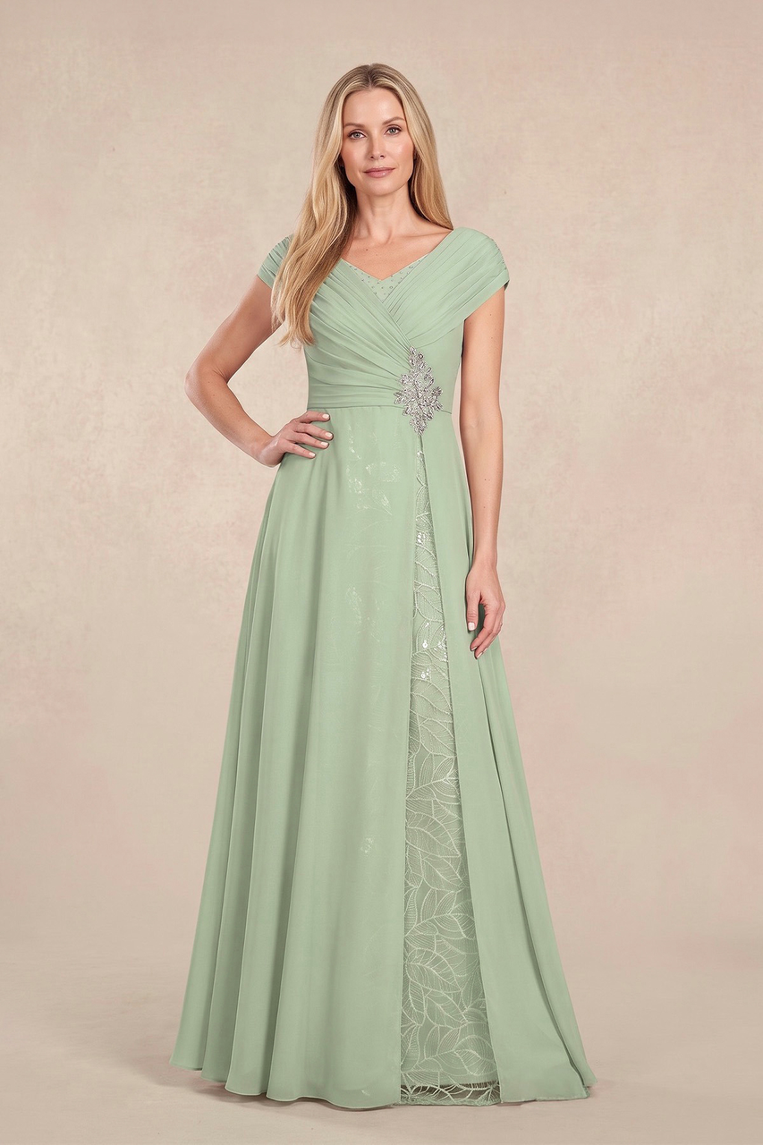 Sage Cap Sleeves Tulle A-Line Lace V-Neck Mother of the Bride Dress
