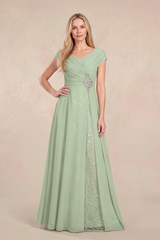 Sage Cap Sleeves Tulle A-Line Lace V-Neck Mother of the Bride Dress | KISSBRIDAL