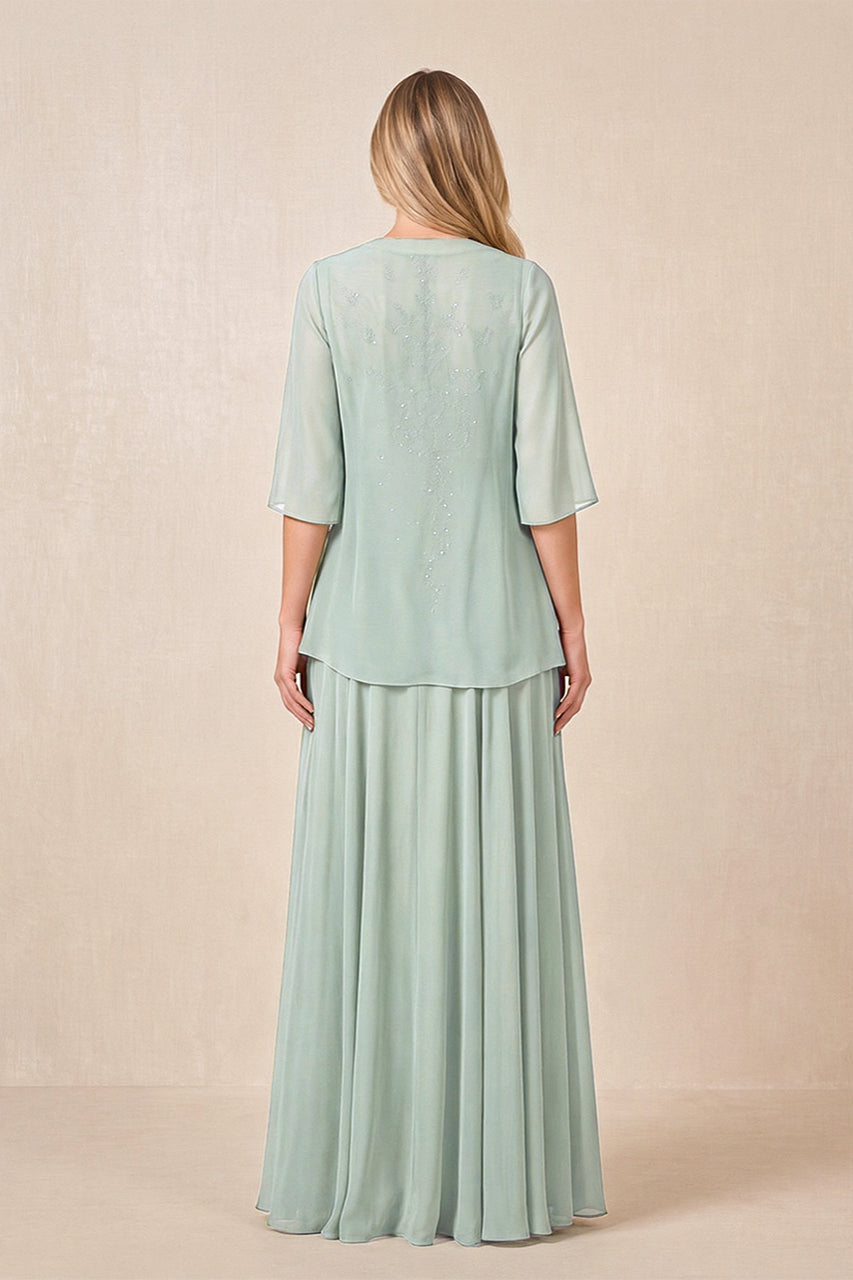 Sage Cape Sleeves A-Line Chiffon Scoop Neck Embroidered Mother of the Bride Dress