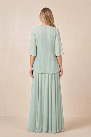 Sage Cape Sleeves A-Line Chiffon Scoop Neck Embroidered Mother of the Bride Dress (2) | KISSBRIDAL