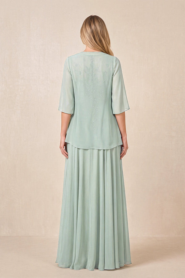 Sage Cape Sleeves A-Line Chiffon Scoop Neck Embroidered Mother of the Bride Dress (2) | KISSBRIDAL