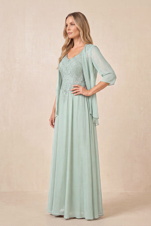 Sage Cape Sleeves A-Line Chiffon Scoop Neck Embroidered Mother of the Bride Dress (3) | KISSBRIDAL