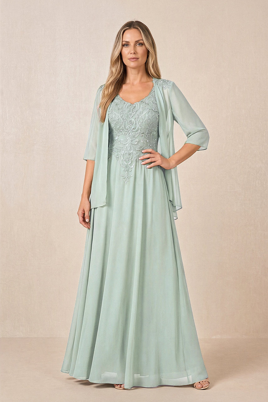 Sage Cape Sleeves A-Line Chiffon Scoop Neck Embroidered Mother of the Bride Dress