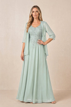Sage Cape Sleeves A-Line Chiffon Scoop Neck Embroidered Mother of the Bride Dress | KISSBRIDAL