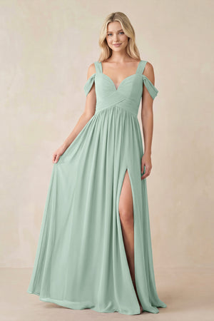 Sage Chiffon A-Line Bridesmaid Dress with Slit | KISSBRIDAL