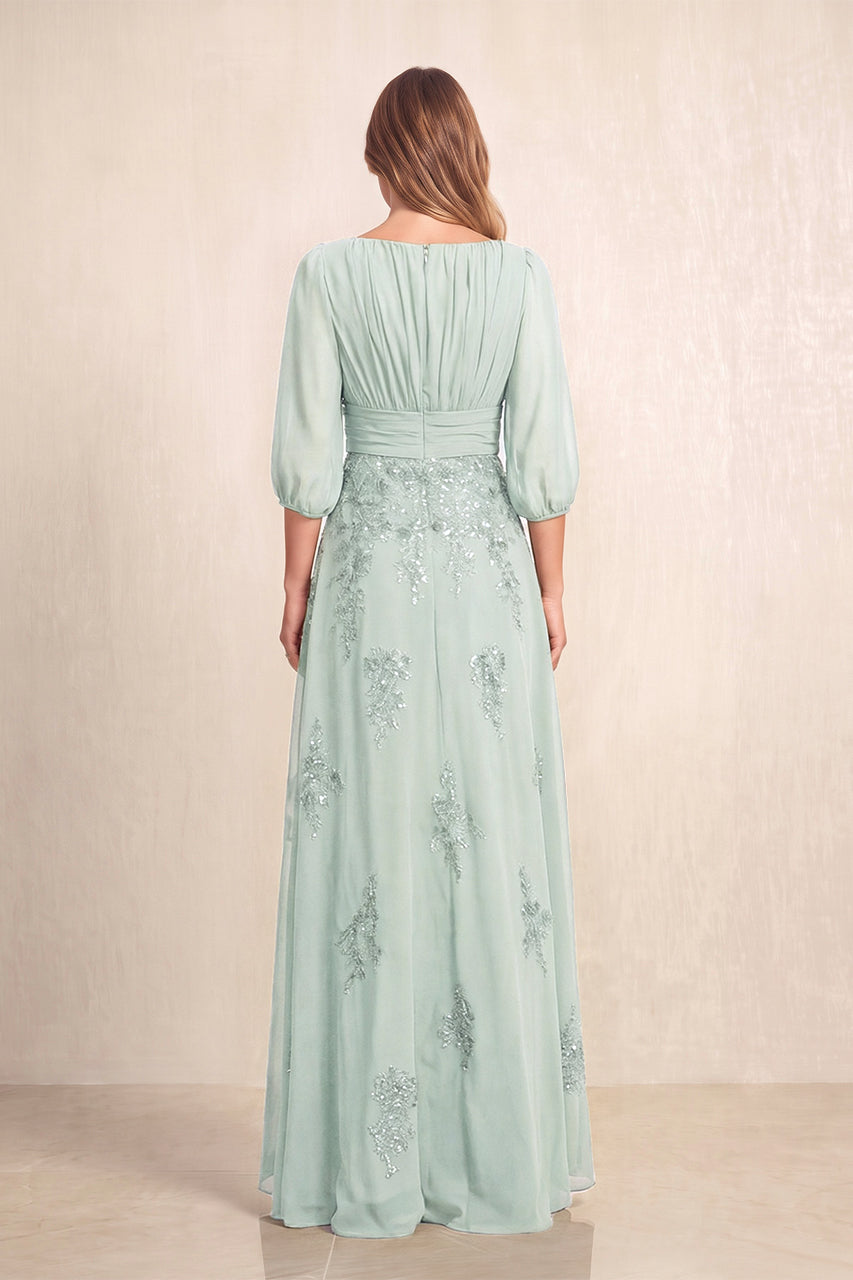 Sage Chiffon A-Line Embroidered Boat Neck Long Mother of the Bride Dress