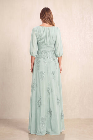 Sage Chiffon A-Line Embroidered Boat Neck Long Mother of the Bride Dress (2) | KISSBRIDAL