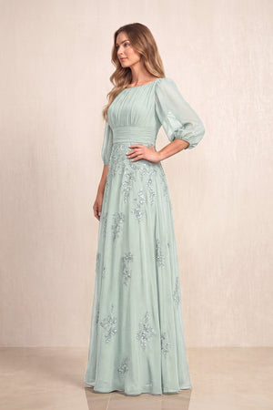Sage Chiffon A-Line Embroidered Boat Neck Long Mother of the Bride Dress (3) | KISSBRIDAL