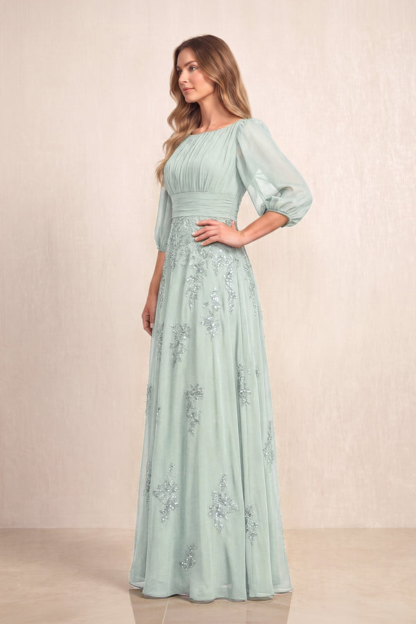 Sage Chiffon A-Line Embroidered Boat Neck Long Mother of the Bride Dress (3) | KISSBRIDAL